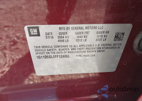 2015 Chevrolet Malibu 2Lt z USA, uszkodzony, nr VIN 1G11D5SL6FF124950